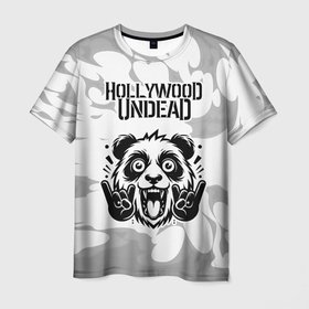 Мужская футболка 3D с принтом Hollywood Undead рок панда на светлом фоне в Курске, 100% полиэфир | прямой крой, круглый вырез горловины, длина до линии бедер | Тематика изображения на принте: 
