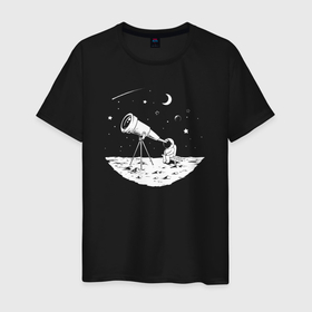 Мужская футболка хлопок с принтом Космонавт и телескоп в Новосибирске, 100% хлопок | прямой крой, круглый вырез горловины, длина до линии бедер, слегка спущенное плечо. | Тематика изображения на принте: 