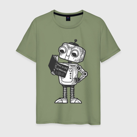 Мужская футболка хлопок с принтом Читающий робот в Петрозаводске, 100% хлопок | прямой крой, круглый вырез горловины, длина до линии бедер, слегка спущенное плечо. | 