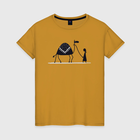 Женская футболка хлопок с принтом Верблюд и путник , 100% хлопок | прямой крой, круглый вырез горловины, длина до линии бедер, слегка спущенное плечо | 