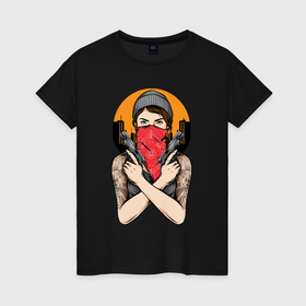 Женская футболка хлопок с принтом Девушка с пистолетами в Курске, 100% хлопок | прямой крой, круглый вырез горловины, длина до линии бедер, слегка спущенное плечо | 