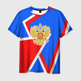 Мужская футболка 3D с принтом Герб России   патриотические цвета в Петрозаводске, 100% полиэфир | прямой крой, круглый вырез горловины, длина до линии бедер | 