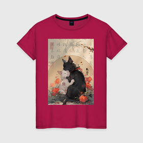 Женская футболка хлопок с принтом Коты в японском стиле в Тюмени, 100% хлопок | прямой крой, круглый вырез горловины, длина до линии бедер, слегка спущенное плечо | Тематика изображения на принте: 
