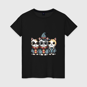Женская футболка хлопок с принтом Три забавных кота волшебника в Новосибирске, 100% хлопок | прямой крой, круглый вырез горловины, длина до линии бедер, слегка спущенное плечо | 