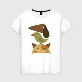 Женская футболка хлопок с принтом Собака птица кошка в Петрозаводске, 100% хлопок | прямой крой, круглый вырез горловины, длина до линии бедер, слегка спущенное плечо | 