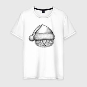 Мужская футболка хлопок с принтом Котенок в новогоднем колпаке , 100% хлопок | прямой крой, круглый вырез горловины, длина до линии бедер, слегка спущенное плечо. | Тематика изображения на принте: 