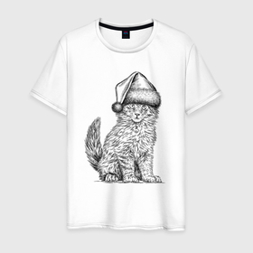 Мужская футболка хлопок с принтом Новогодний котенок мейн кун в Тюмени, 100% хлопок | прямой крой, круглый вырез горловины, длина до линии бедер, слегка спущенное плечо. | 