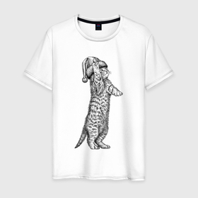 Мужская футболка хлопок с принтом Новогодний котенок играет в Белгороде, 100% хлопок | прямой крой, круглый вырез горловины, длина до линии бедер, слегка спущенное плечо. | 