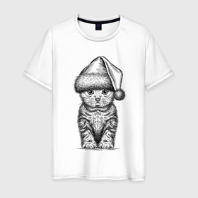 Мужская футболка хлопок с принтом Новогодний котенок анфас , 100% хлопок | прямой крой, круглый вырез горловины, длина до линии бедер, слегка спущенное плечо. | 