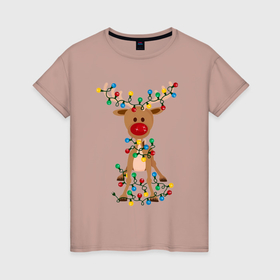 Женская футболка хлопок с принтом Олень с гирляндой в Петрозаводске, 100% хлопок | прямой крой, круглый вырез горловины, длина до линии бедер, слегка спущенное плечо | 
