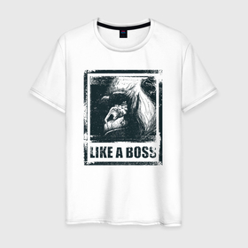 Мужская футболка хлопок с принтом Like a boss в Тюмени, 100% хлопок | прямой крой, круглый вырез горловины, длина до линии бедер, слегка спущенное плечо. | 