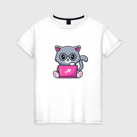 Женская футболка хлопок с принтом Кошка программист в Тюмени, 100% хлопок | прямой крой, круглый вырез горловины, длина до линии бедер, слегка спущенное плечо | Тематика изображения на принте: 