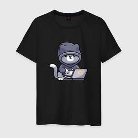 Мужская футболка хлопок с принтом Серый кот хакер в Кировске, 100% хлопок | прямой крой, круглый вырез горловины, длина до линии бедер, слегка спущенное плечо. | 