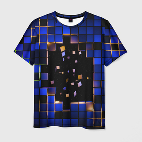 Мужская футболка 3D с принтом Окно в пространство   синие кубы в Тюмени, 100% полиэфир | прямой крой, круглый вырез горловины, длина до линии бедер | 