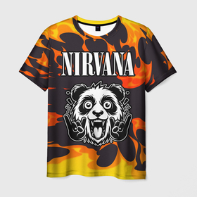 Мужская футболка 3D с принтом Nirvana рок панда и огонь в Санкт-Петербурге, 100% полиэфир | прямой крой, круглый вырез горловины, длина до линии бедер | 