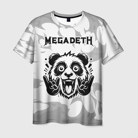 Мужская футболка 3D с принтом Megadeth рок панда на светлом фоне в Тюмени, 100% полиэфир | прямой крой, круглый вырез горловины, длина до линии бедер | 