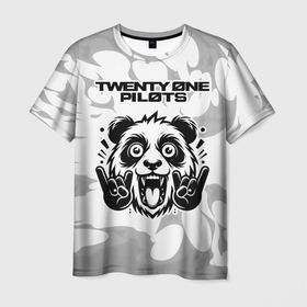 Мужская футболка 3D с принтом Twenty One Pilots рок панда на светлом фоне в Санкт-Петербурге, 100% полиэфир | прямой крой, круглый вырез горловины, длина до линии бедер | 