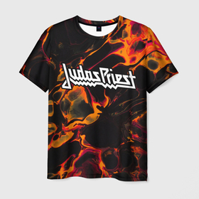 Мужская футболка 3D с принтом Judas Priest red lava , 100% полиэфир | прямой крой, круглый вырез горловины, длина до линии бедер | 