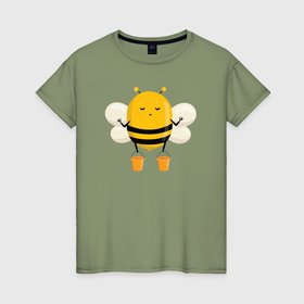 Женская футболка хлопок с принтом Пчёлка с вёдрами мёда в Курске, 100% хлопок | прямой крой, круглый вырез горловины, длина до линии бедер, слегка спущенное плечо | 