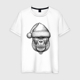Мужская футболка хлопок с принтом Морда новогодней гориллы в Екатеринбурге, 100% хлопок | прямой крой, круглый вырез горловины, длина до линии бедер, слегка спущенное плечо. | 