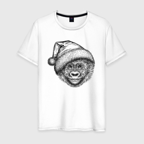 Мужская футболка хлопок с принтом Новогодний детеныш гориллы в Екатеринбурге, 100% хлопок | прямой крой, круглый вырез горловины, длина до линии бедер, слегка спущенное плечо. | Тематика изображения на принте: 