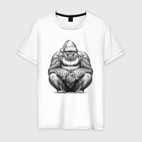 Мужская футболка хлопок с принтом Новогодняя горилла на корточках в Кировске, 100% хлопок | прямой крой, круглый вырез горловины, длина до линии бедер, слегка спущенное плечо. | Тематика изображения на принте: 