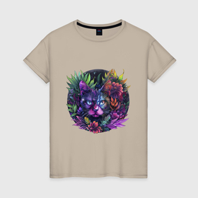 Женская футболка хлопок с принтом Дикая кошка в Санкт-Петербурге, 100% хлопок | прямой крой, круглый вырез горловины, длина до линии бедер, слегка спущенное плечо | 
