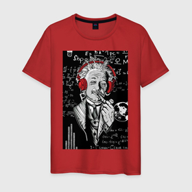Мужская футболка хлопок с принтом Альберт Эйнштейн курит трубку в Новосибирске, 100% хлопок | прямой крой, круглый вырез горловины, длина до линии бедер, слегка спущенное плечо. | Тематика изображения на принте: 