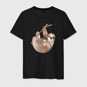 Мужская футболка хлопок с принтом Ленивец с кофе на веточке в Петрозаводске, 100% хлопок | прямой крой, круглый вырез горловины, длина до линии бедер, слегка спущенное плечо. | Тематика изображения на принте: 