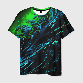 Мужская футболка 3D с принтом Яркая зеленая краска на темной абстракции в Санкт-Петербурге, 100% полиэфир | прямой крой, круглый вырез горловины, длина до линии бедер | 