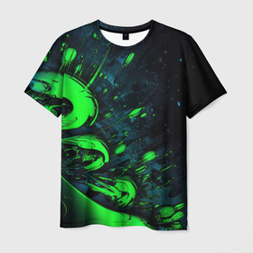 Мужская футболка 3D с принтом Яркая зеленая краска на темной  абстракции в Курске, 100% полиэфир | прямой крой, круглый вырез горловины, длина до линии бедер | 