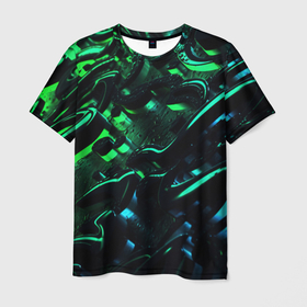 Мужская футболка 3D с принтом Яркая зеленая краска на  темной абстракции в Курске, 100% полиэфир | прямой крой, круглый вырез горловины, длина до линии бедер | 