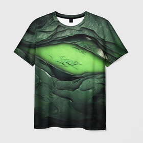 Мужская футболка 3D с принтом Разрез на зеленой абстракции в Курске, 100% полиэфир | прямой крой, круглый вырез горловины, длина до линии бедер | 