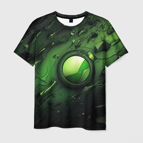 Мужская футболка 3D с принтом Зеленый яркий круг на абстракции в Курске, 100% полиэфир | прямой крой, круглый вырез горловины, длина до линии бедер | 