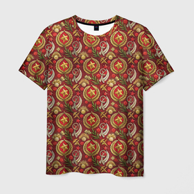 Мужская футболка 3D с принтом Звезды и колос СССР , 100% полиэфир | прямой крой, круглый вырез горловины, длина до линии бедер | 