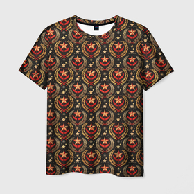 Мужская футболка 3D с принтом Паттерн СССР черный фон , 100% полиэфир | прямой крой, круглый вырез горловины, длина до линии бедер | 