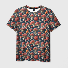 Мужская футболка 3D с принтом Гриб красный мухомор паттерн в Кировске, 100% полиэфир | прямой крой, круглый вырез горловины, длина до линии бедер | 