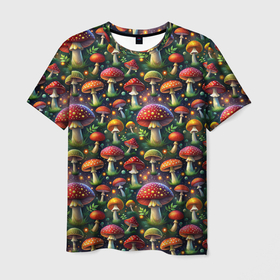 Мужская футболка 3D с принтом Красные мухоморы в лесу паттерн в Кировске, 100% полиэфир | прямой крой, круглый вырез горловины, длина до линии бедер | 