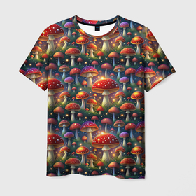Мужская футболка 3D с принтом Красные мухоморы в  лесу паттерн в Белгороде, 100% полиэфир | прямой крой, круглый вырез горловины, длина до линии бедер | Тематика изображения на принте: 