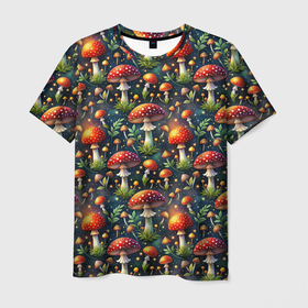 Мужская футболка 3D с принтом Красные мухоморы  в лесу паттерн в Кировске, 100% полиэфир | прямой крой, круглый вырез горловины, длина до линии бедер | 