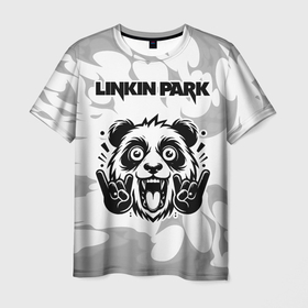 Мужская футболка 3D с принтом Linkin Park рок панда на светлом фоне в Санкт-Петербурге, 100% полиэфир | прямой крой, круглый вырез горловины, длина до линии бедер | 