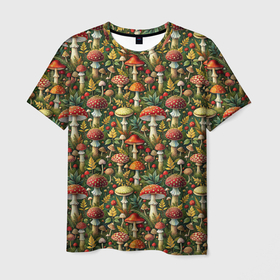 Мужская футболка 3D с принтом Дикие  грибы лесные мухоморы в Кировске, 100% полиэфир | прямой крой, круглый вырез горловины, длина до линии бедер | 