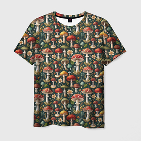Мужская футболка 3D с принтом Дикие грибы лесные      мухоморы в Кировске, 100% полиэфир | прямой крой, круглый вырез горловины, длина до линии бедер | 