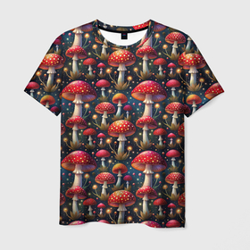 Мужская футболка 3D с принтом Грибы дикие лесные мухоморы в Кировске, 100% полиэфир | прямой крой, круглый вырез горловины, длина до линии бедер | Тематика изображения на принте: 