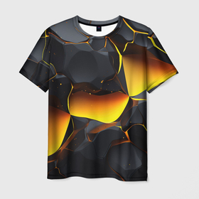 Мужская футболка 3D с принтом Разлом черных плит и оранжевая лава в Тюмени, 100% полиэфир | прямой крой, круглый вырез горловины, длина до линии бедер | 
