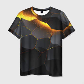 Мужская футболка 3D с принтом Разлом черных плит и оранжевая  лава в Новосибирске, 100% полиэфир | прямой крой, круглый вырез горловины, длина до линии бедер | 