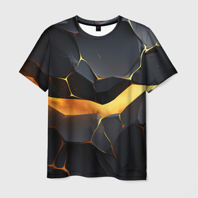 Мужская футболка 3D с принтом Разлом черных плит и  оранжевая лава в Тюмени, 100% полиэфир | прямой крой, круглый вырез горловины, длина до линии бедер | 