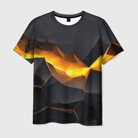 Мужская футболка 3D с принтом Разлом черных плит  и оранжевая лава в Екатеринбурге, 100% полиэфир | прямой крой, круглый вырез горловины, длина до линии бедер | 
