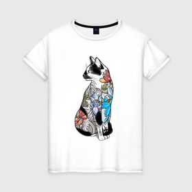Женская футболка хлопок с принтом Кот в татуировках цветов в Курске, 100% хлопок | прямой крой, круглый вырез горловины, длина до линии бедер, слегка спущенное плечо | 