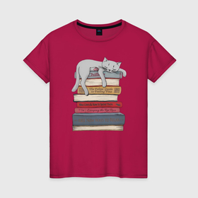 Женская футболка хлопок с принтом Кот спит на книгах в Санкт-Петербурге, 100% хлопок | прямой крой, круглый вырез горловины, длина до линии бедер, слегка спущенное плечо | 